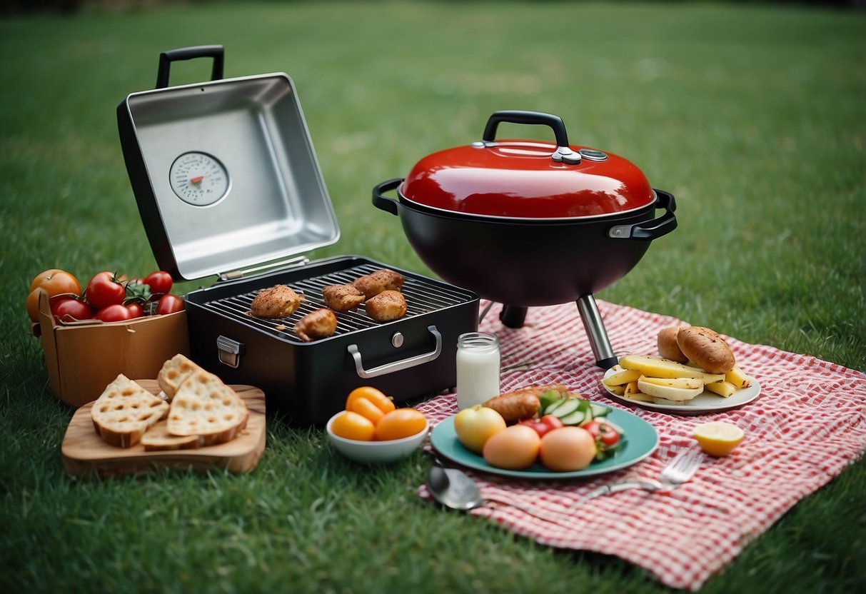 A colorful picnic blanket spread out on green grass, with a Weber portable grill, picnic basket, and other essential items arranged neatly