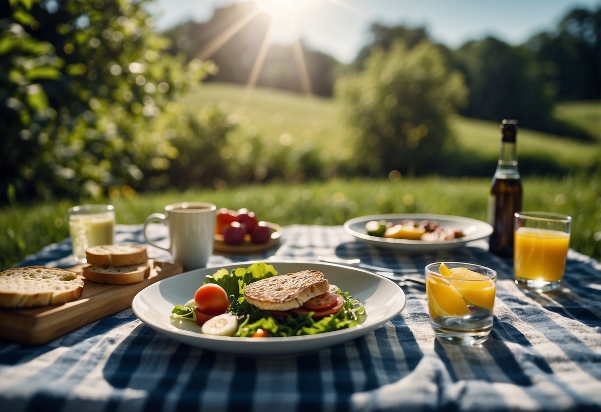 A picnic scene with eco-friendly plates, surrounded by a lush green landscape with a blue sky and a shining sun