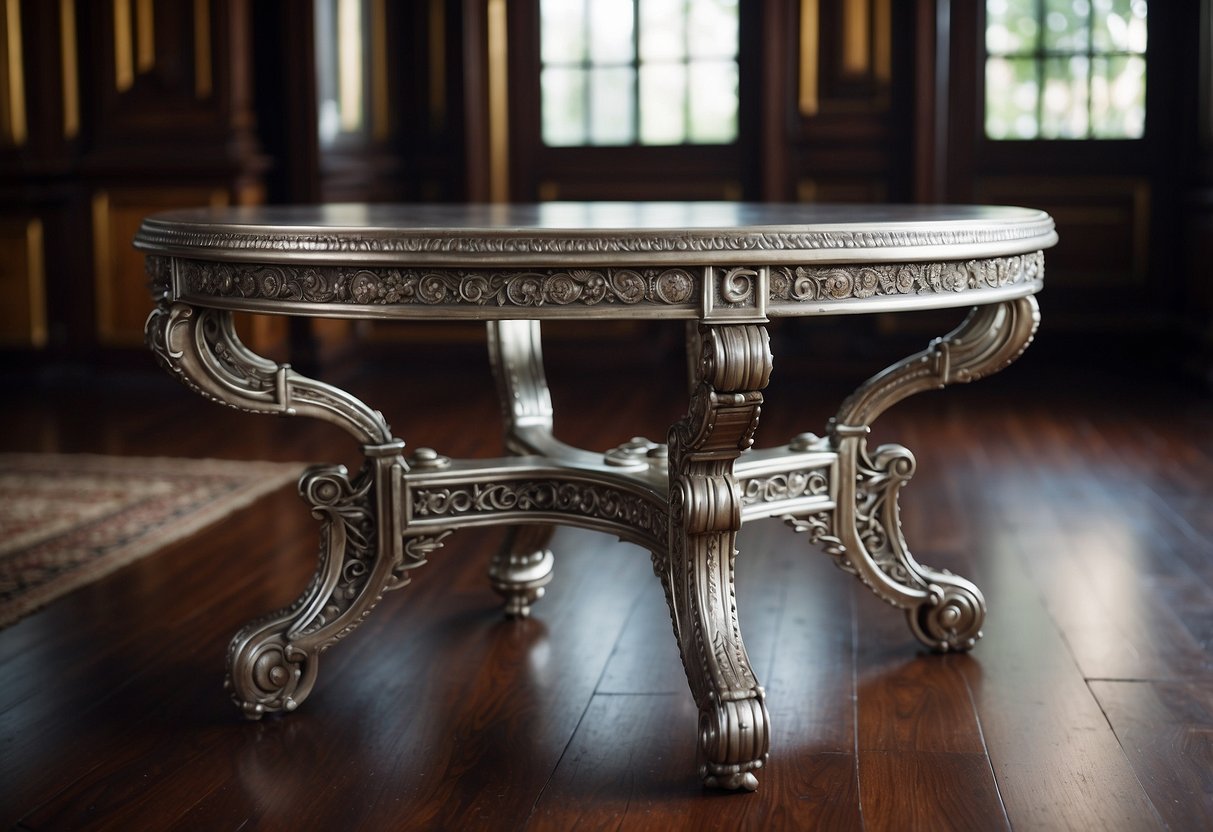 An ornate antique silver table with intricate carvings and a matching chair, set against a backdrop of rich, dark wood paneling and a soft, luxurious rug