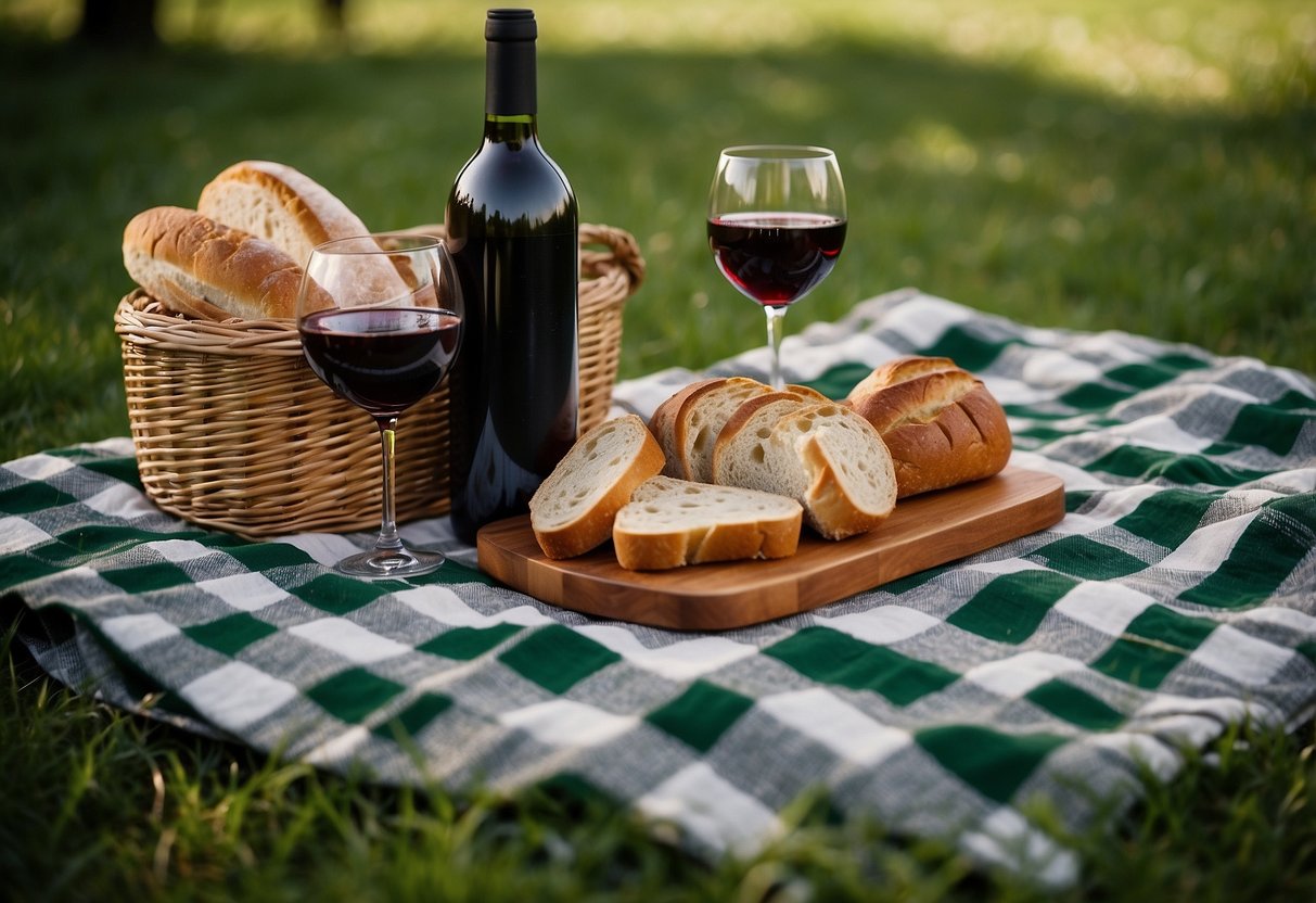 A checkered picnic blanket spread out on lush green grass, with two Govino wine glasses filled with wine, a wicker picnic basket, and a loaf of bread on a wooden cutting board