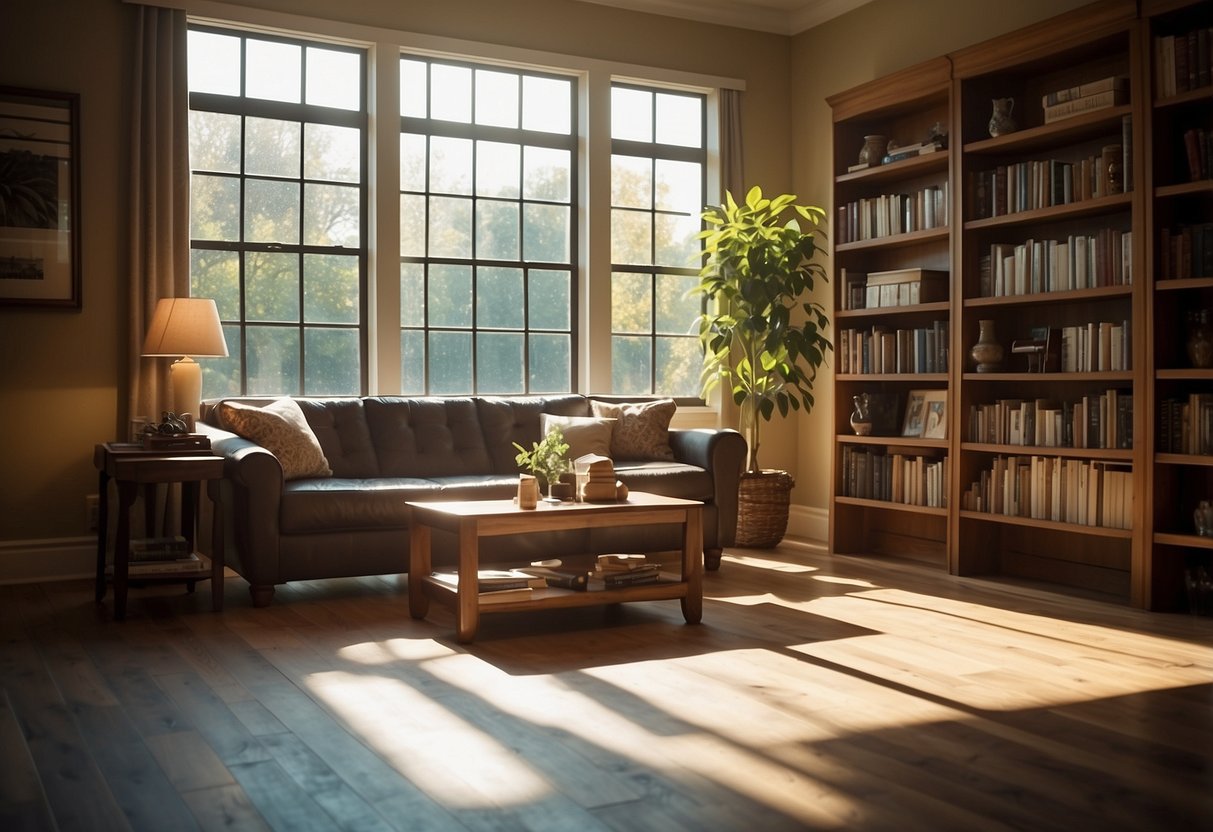 A room with a couch, coffee table, and bookshelf. Sunlight streams in through the window, casting shadows on the hardwood floor