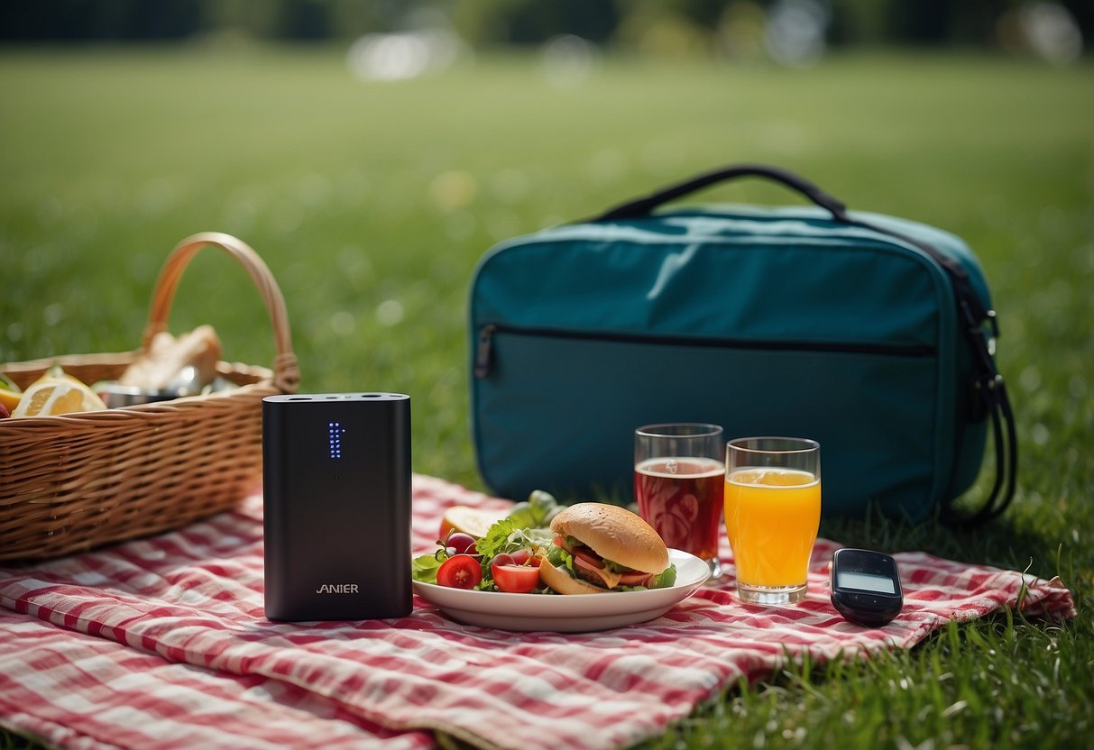 A colorful picnic blanket spread out on green grass, with a basket filled with delicious food and drinks. A portable power bank by Anker is placed next to a Bluetooth speaker, ready to keep the music playing all day long