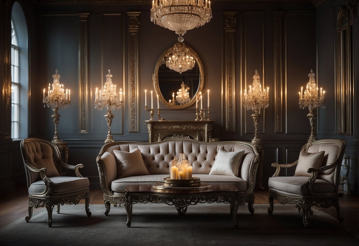 A dimly lit room showcases ornate antique silver furniture, reflecting the soft glow of candlelight. The intricate designs and delicate curves of the pieces exude an air of elegance and opulence
