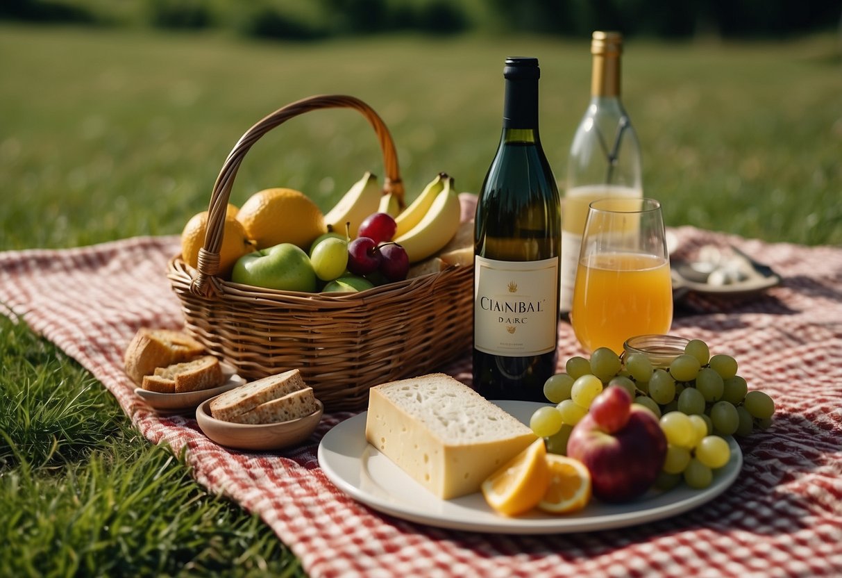 A checkered picnic blanket spread out on lush green grass, adorned with a wicker basket, a bottle of wine, a selection of cheeses, fresh fruit, sandwiches, and a thermos of lemonade