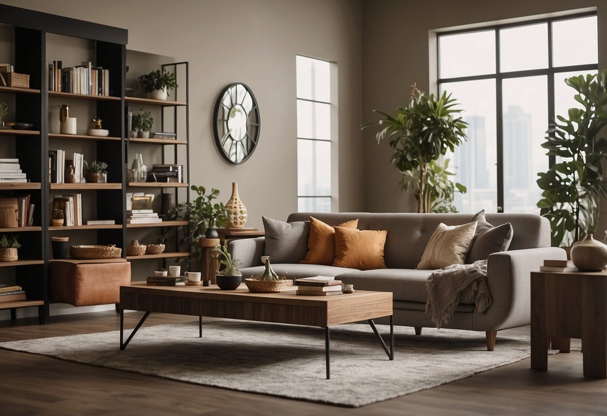 A living room with a new couch, coffee table, and bookshelf. A person placing a vase on the table. Walls adorned with framed FAQs about furniture
