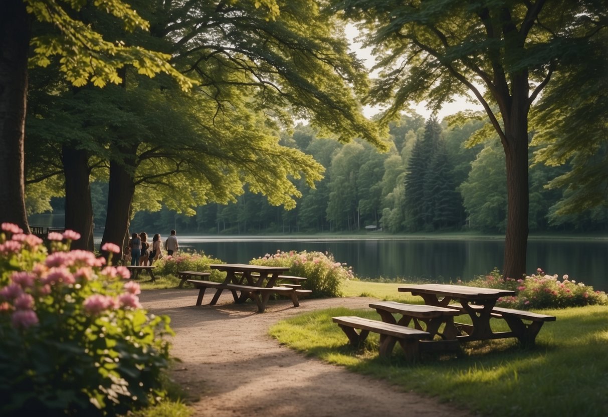 Lush green park with a tranquil lake, surrounded by tall trees and colorful flowers. Picnic tables and benches scattered around, with families and friends enjoying a leisurely afternoon