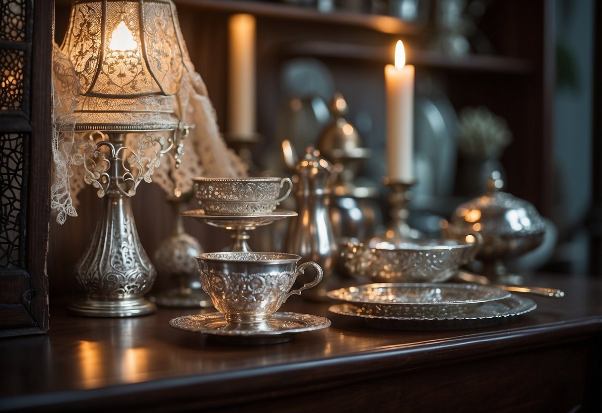 A hand-polished antique silver cabinet gleams in soft candlelight, surrounded by delicate lace doilies and a collection of vintage silverware