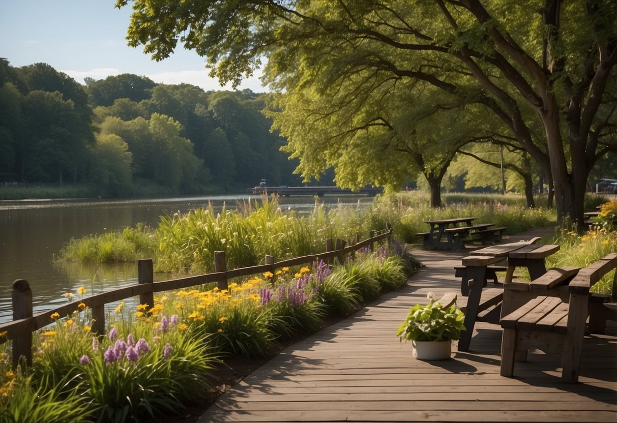 Lush greenery surrounds the tranquil river, with colorful flowers blooming along the banks. Picnic tables and benches are scattered throughout the area, inviting visitors to relax and enjoy the peaceful waterfront setting