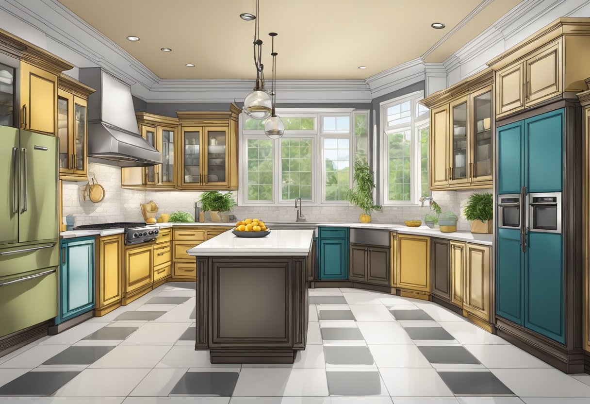 A spacious kitchen showroom displays modern and traditional furniture sets, with colorful cabinets and sleek countertops