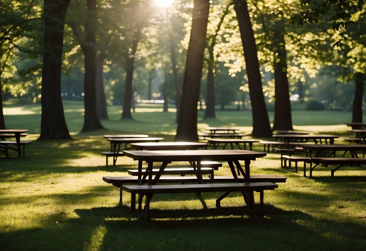 A lush, green hill dotted with picnic tables and shaded by tall trees. The sun shines down, casting dappled shadows on the grass