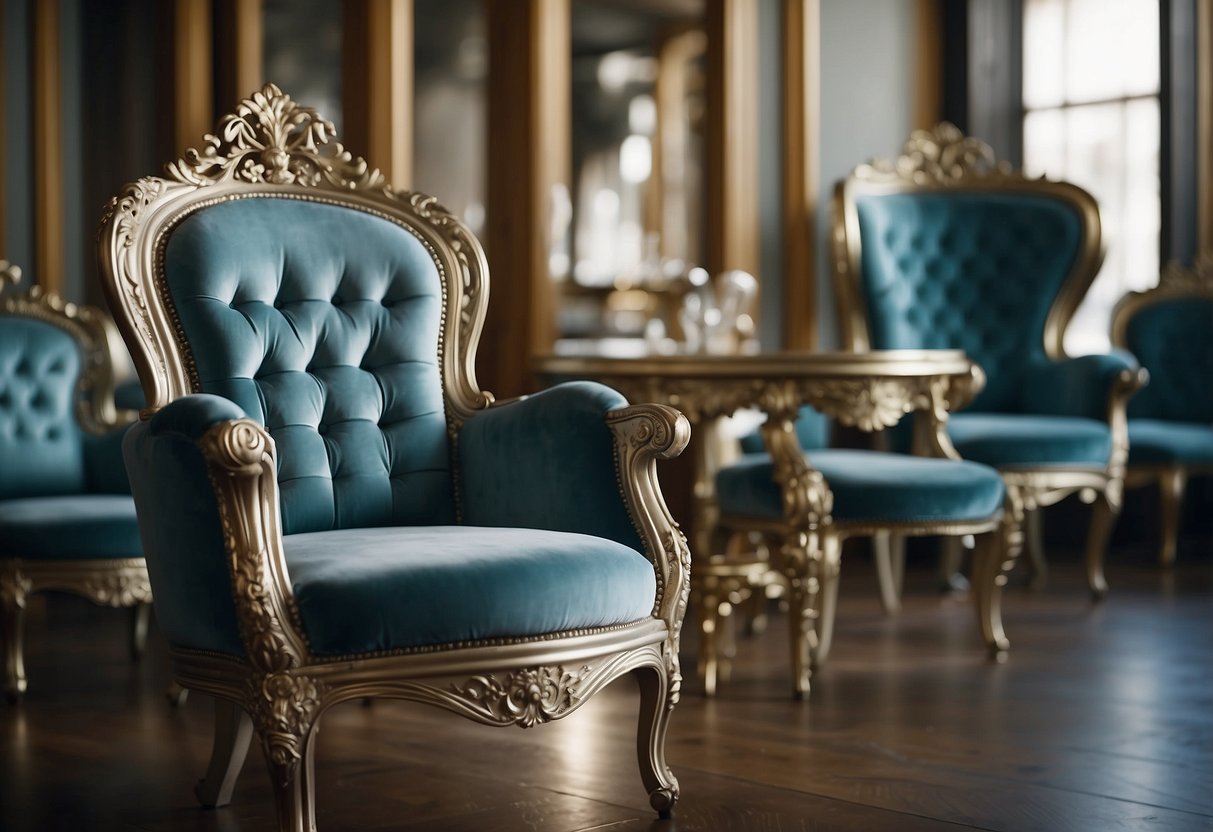 An ornate antique silver chair sits in a grand hall, surrounded by other exquisite furniture. The chair's intricate details and craftsmanship catch the light, creating a stunning visual display