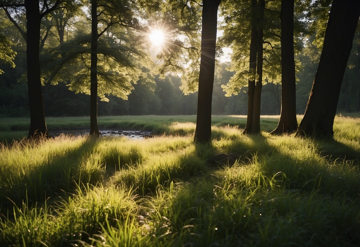 Sunlight filters through the tall trees, casting dappled shadows on the lush green grass. A gentle stream winds its way through the meadow, creating a serene and picturesque picnic spot