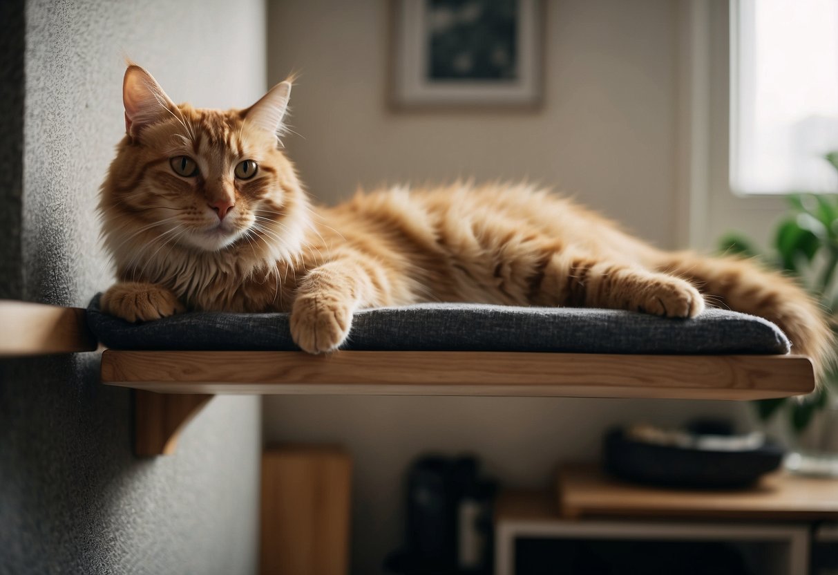 A cat lounges on a wall-mounted perch, surrounded by shelves and scratching posts