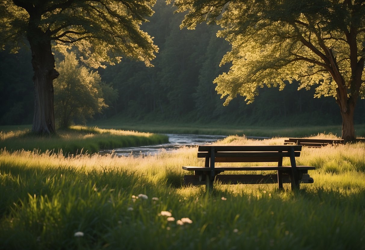 Lush green meadows surrounded by tall trees, with picnic tables and benches scattered around. A gentle stream flows through the reserve, and colorful wildflowers bloom in the fields