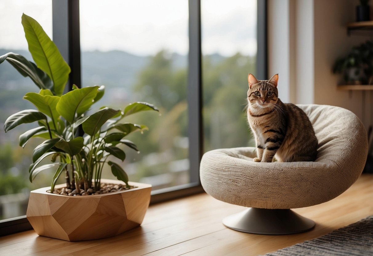 A sleek, modern living room with a large window. A sturdy, wall-mounted cat tree stands next to a cozy cat bed, creating a stylish and functional space for feline relaxation and play