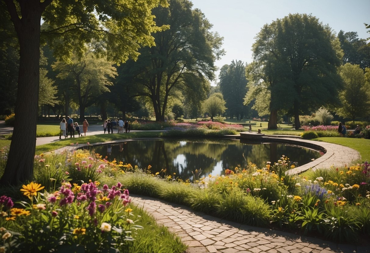 A serene park with lush greenery, winding pathways, and tranquil ponds. Families and friends gather at designated picnic spots, surrounded by tall trees and colorful flowers