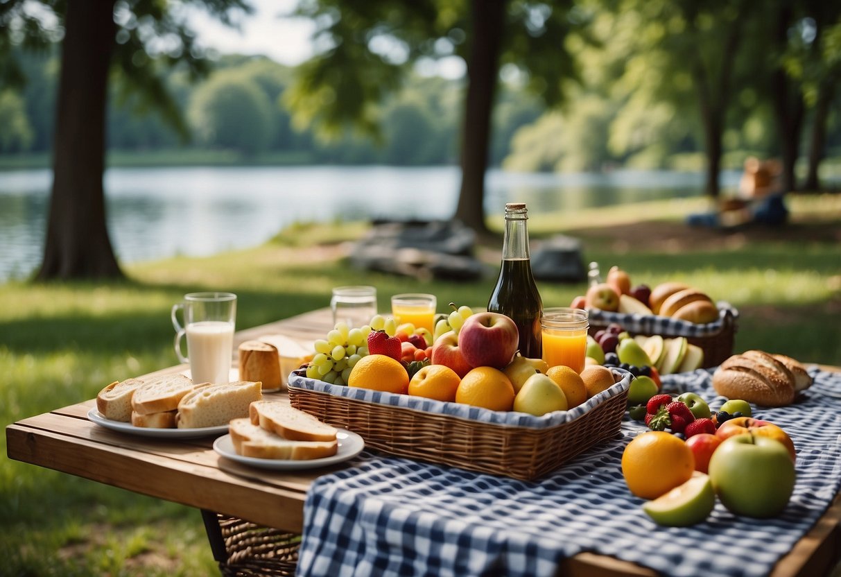 A picnic scene with a checkered blanket, wicker basket, sandwiches, fruits, drinks, and a portable grill set up in a lush park with trees and a lake in the background