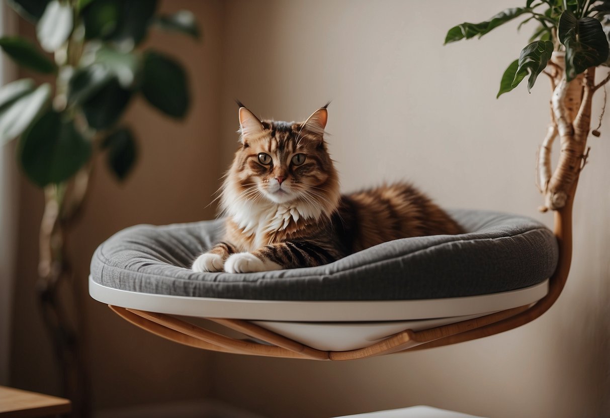 A cat lounging on a modern, wall-mounted cat tree with sleek design and comfortable cushioning, surrounded by stylish decor and a cozy atmosphere