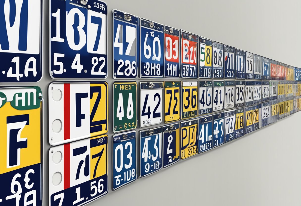 A row of German car license plates, displaying different combinations of letters and numbers, lined up on a wall