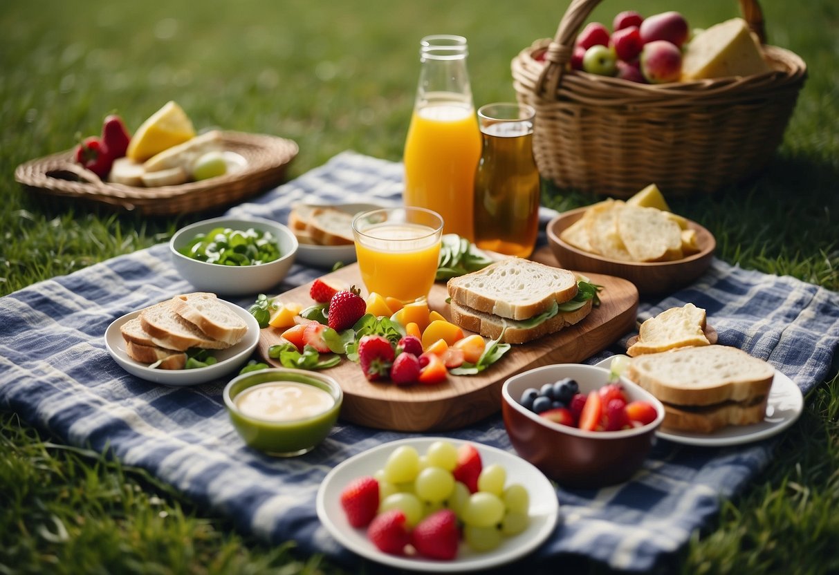 A colorful picnic blanket spread out on lush green grass, with an array of delicious and easy-to-make picnic recipes laid out, including sandwiches, fruit salad, and refreshing drinks