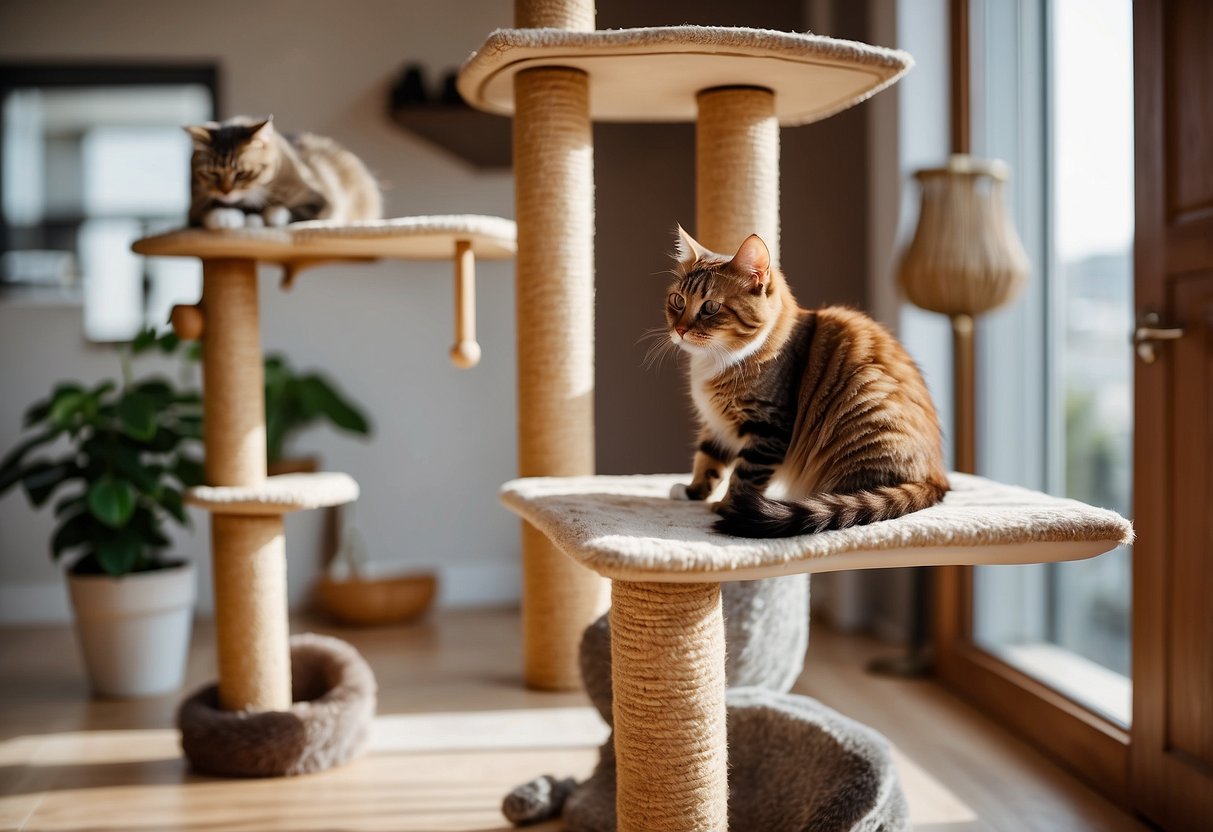 A wall-mounted cat tree with multiple levels and scratching posts, surrounded by hanging toys and a cozy sleeping area