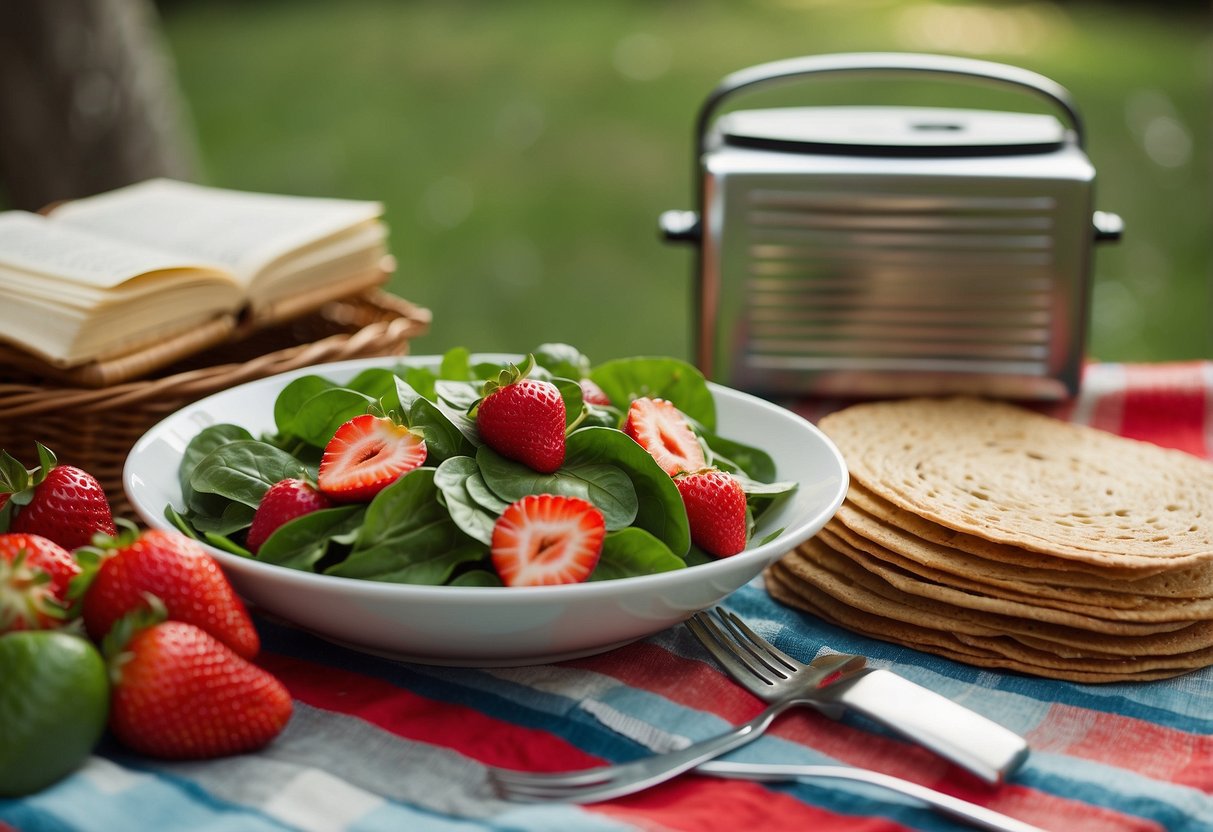 A picnic blanket spread with a vibrant strawberry spinach salad, surrounded by a basket of fresh produce and a simple recipe book