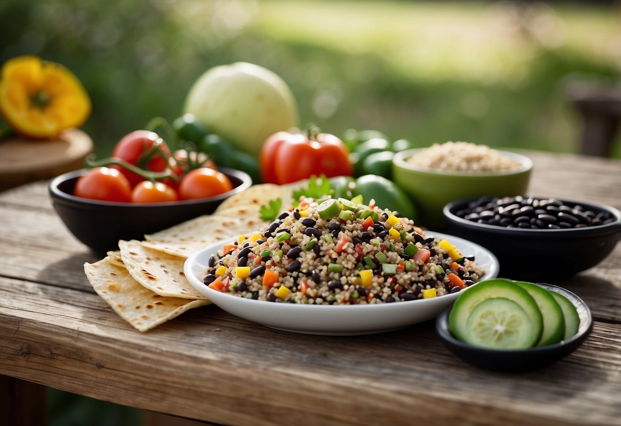 A colorful spread of quinoa, black beans, and fresh veggies arranged on a wooden picnic table, with a stack of tortillas nearby