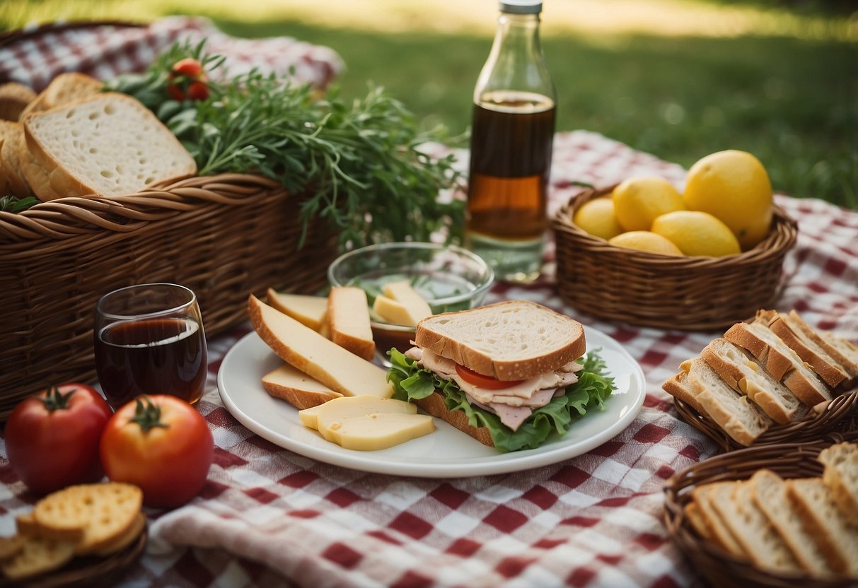 A picnic blanket spread with mini turkey and cheese sandwiches, surrounded by a basket, drinks, and greenery