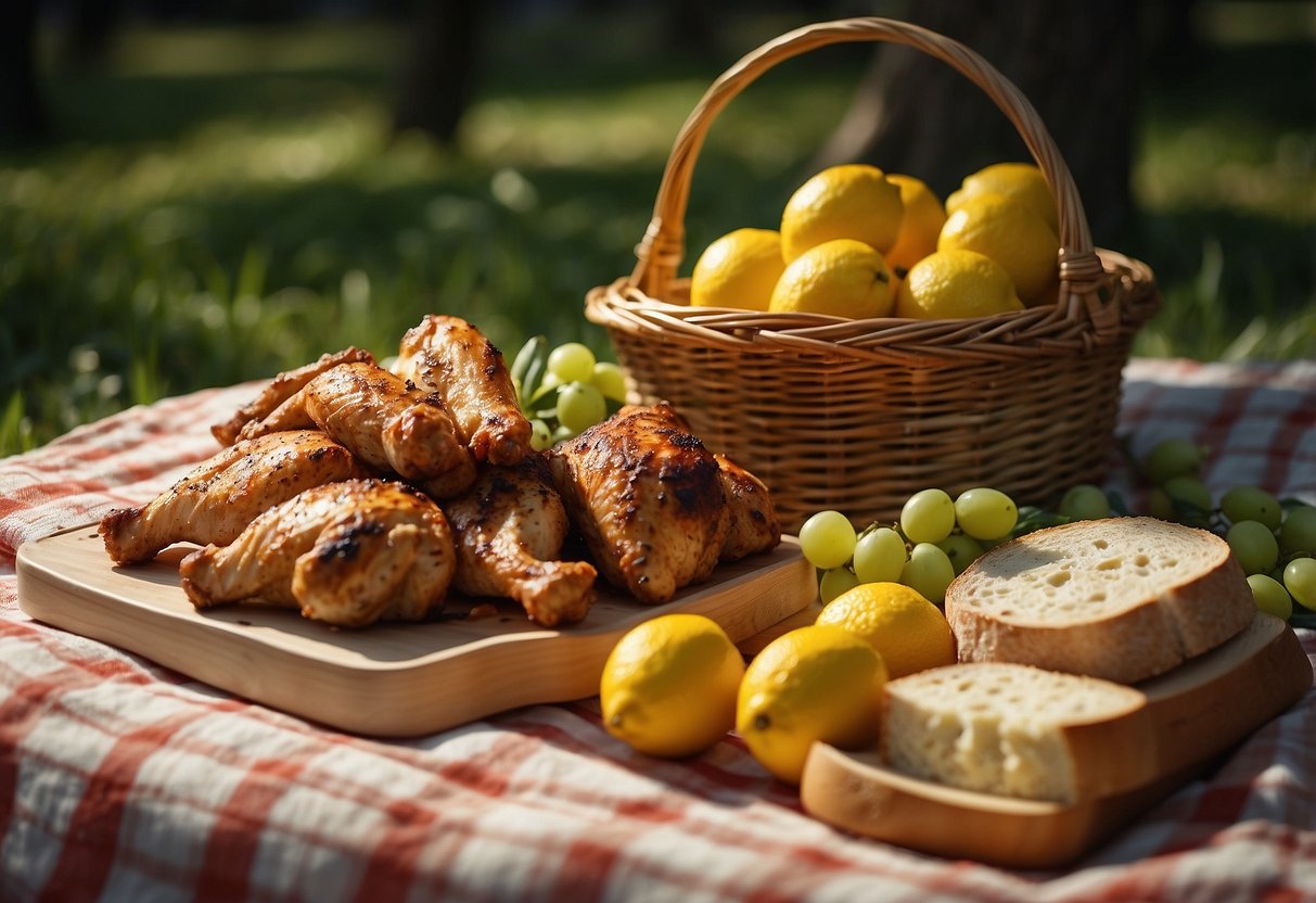 A picnic blanket spread with lemon herb chicken drumsticks, surrounded by a basket of bread, cheese, and fruit. Sunshine filters through the leaves of nearby trees