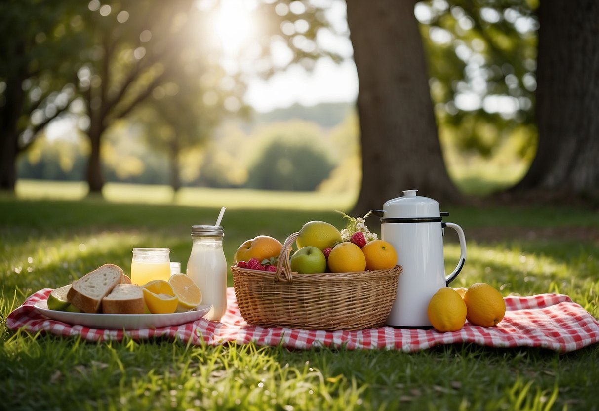 A sunny park with a checkered blanket spread out on the grass, surrounded by a wicker basket filled with fresh fruits, sandwiches, and snacks. A thermos of lemonade and a bouquet of wildflowers complete the scene