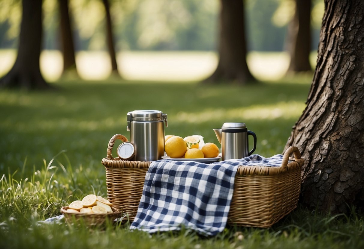 A serene meadow with a babbling brook, surrounded by tall trees for shade. A checkered picnic blanket is spread out with a basket of food and a thermos of drinks