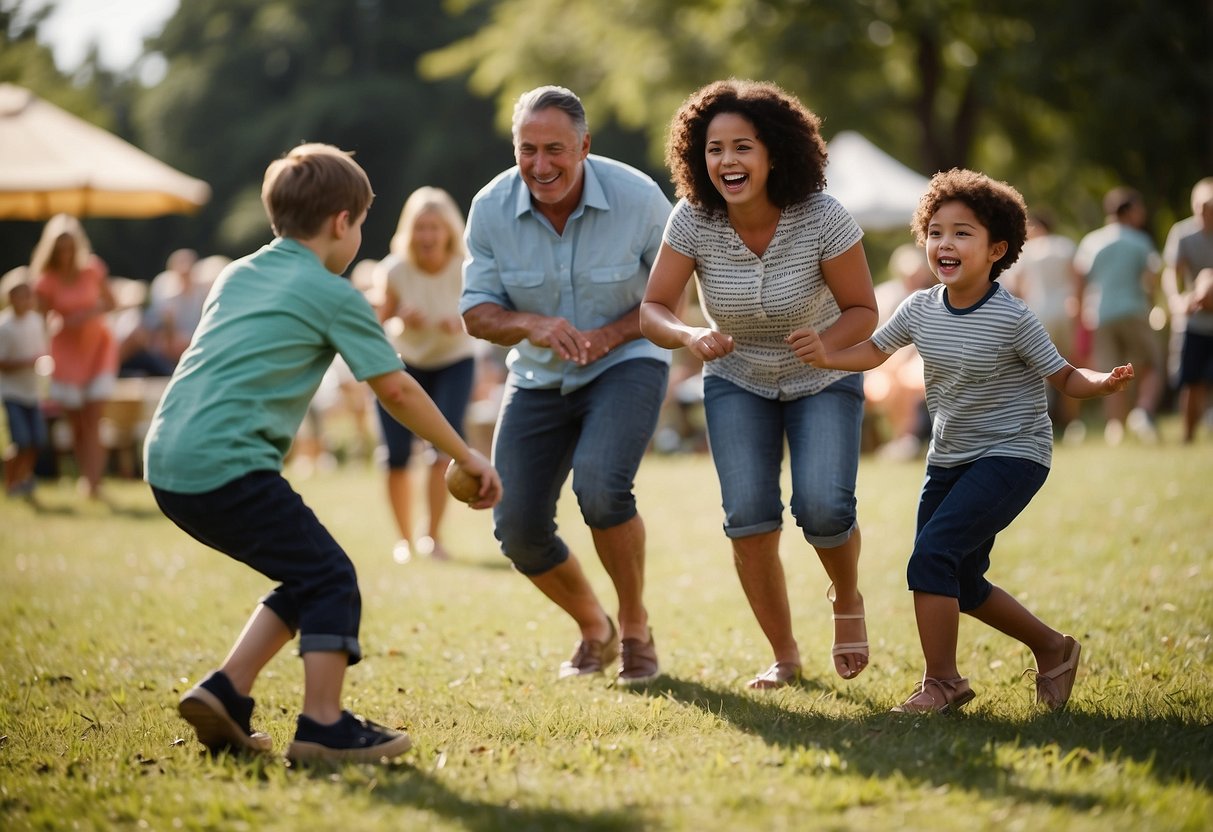 Families playing games like sack race, tug of war, and three-legged race at a picnic. Laughter and excitement fill the air as everyone enjoys the friendly competition