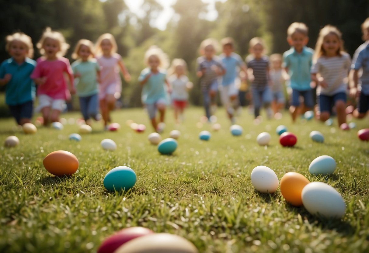 Children balance eggs on spoons, racing towards the finish line. Families cheer and picnic blankets spread out in the background