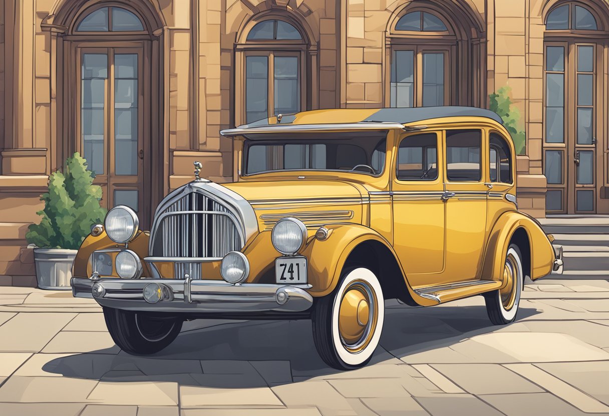 A vintage car with the ALF license plate parked in front of a historic building, symbolizing the rich history and significance of the ALF license plate