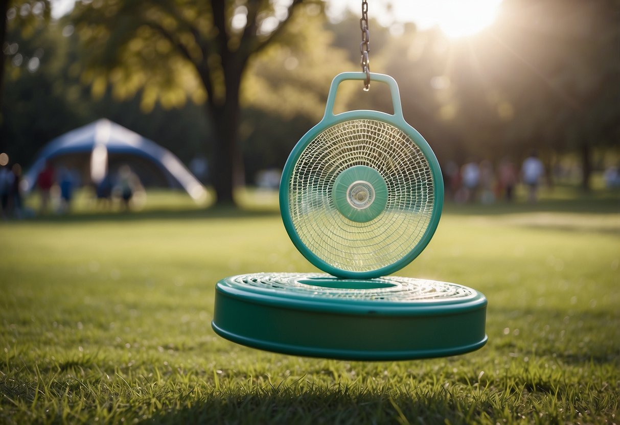 A colorful frisbee sails through the air towards a metal basket on a grassy course, surrounded by trees and picnic blankets