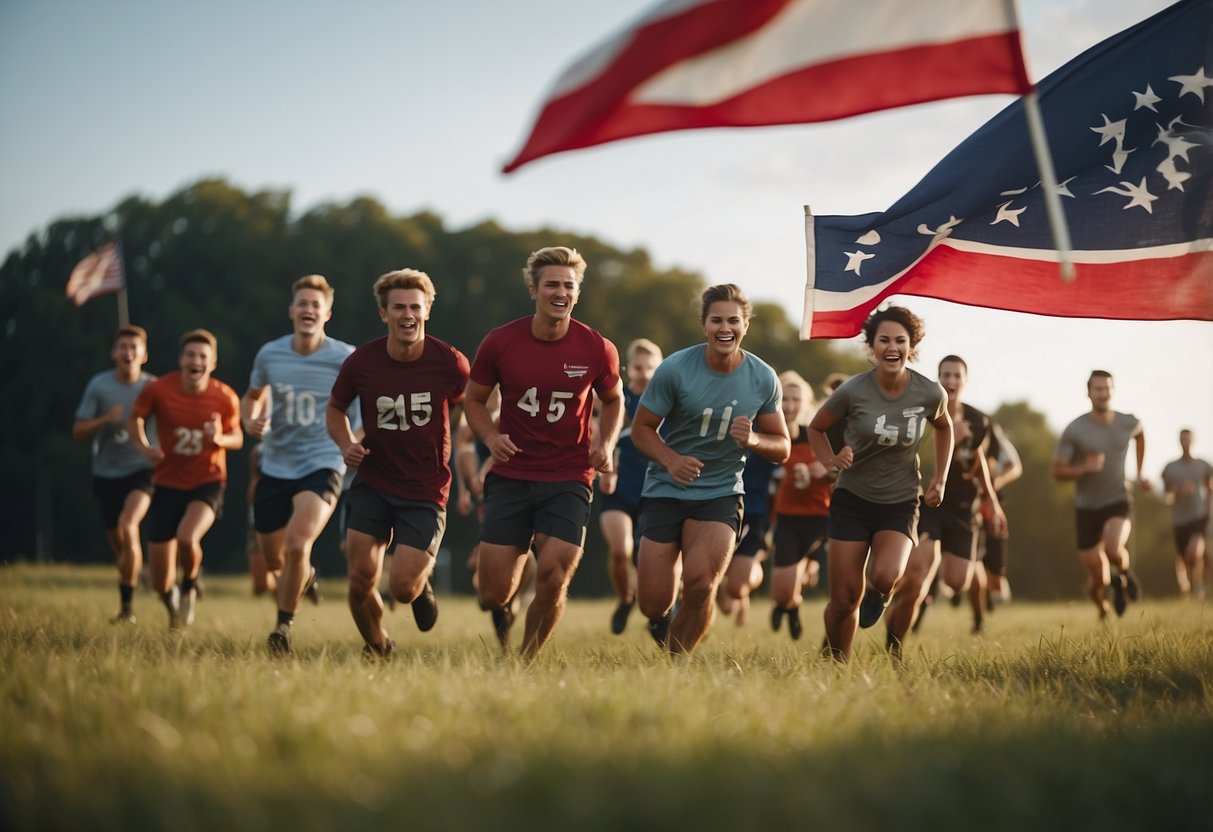 A group of people playing Capture the Flag in a grassy field, with two distinct team bases marked by flags. The players are running, strategizing, and trying to capture the opposing team's flag