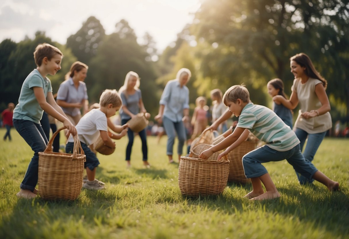 Families playing classic picnic games like sack races, tug-of-war, and potato sack races in a grassy park setting with picnic blankets and baskets