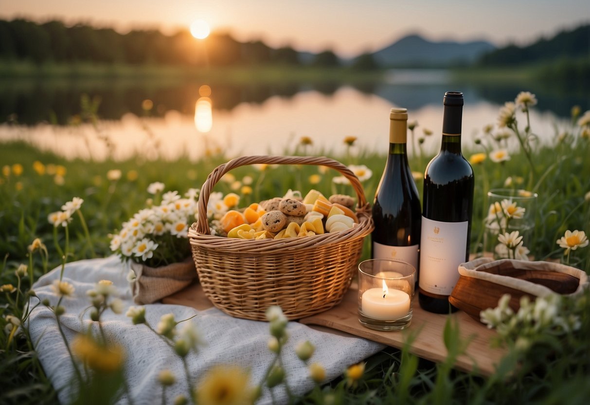 A cozy blanket spread out on lush green grass, surrounded by blooming flowers and a serene lake. A wicker basket filled with delicious treats and a bottle of wine sits nearby. The setting sun casts a warm glow over the scene