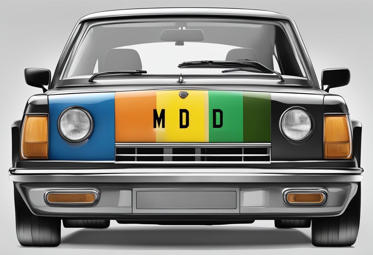 A car license plate with the letters "mod" in bold black font against a white background