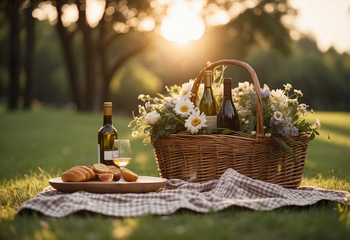 A picnic blanket spread out on green grass, with a wicker basket, wine glasses, and a bouquet of flowers arranged on top. The setting sun casts a warm glow over the scene