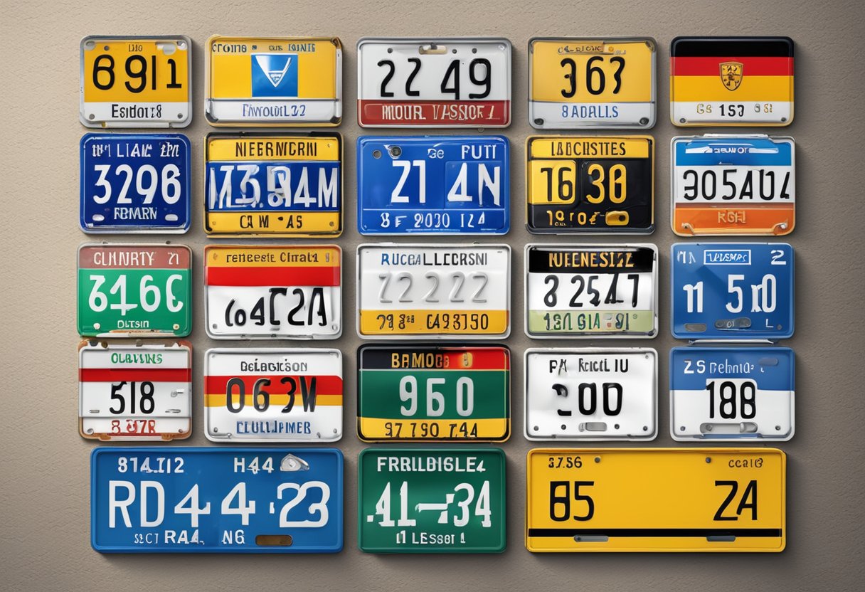 A row of German car license plates arranged on a wall with various colors and combinations