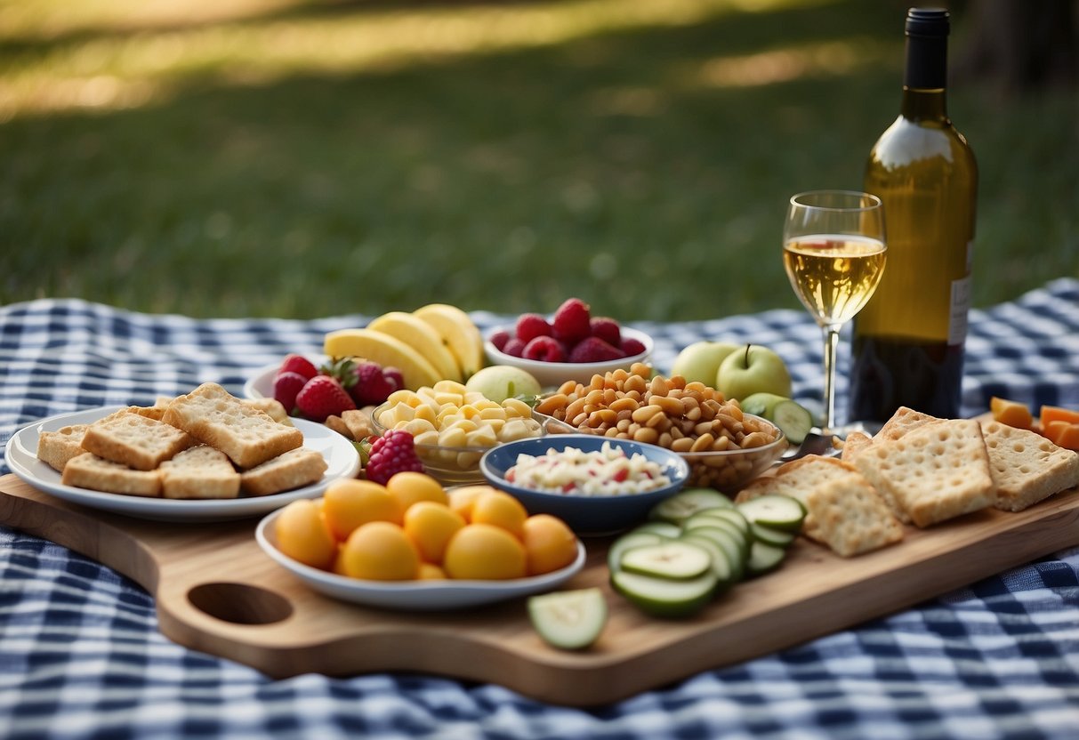 A checkered picnic blanket spread out with an assortment of finger foods, fruits, and wine glasses set against a backdrop of a serene park or beach setting