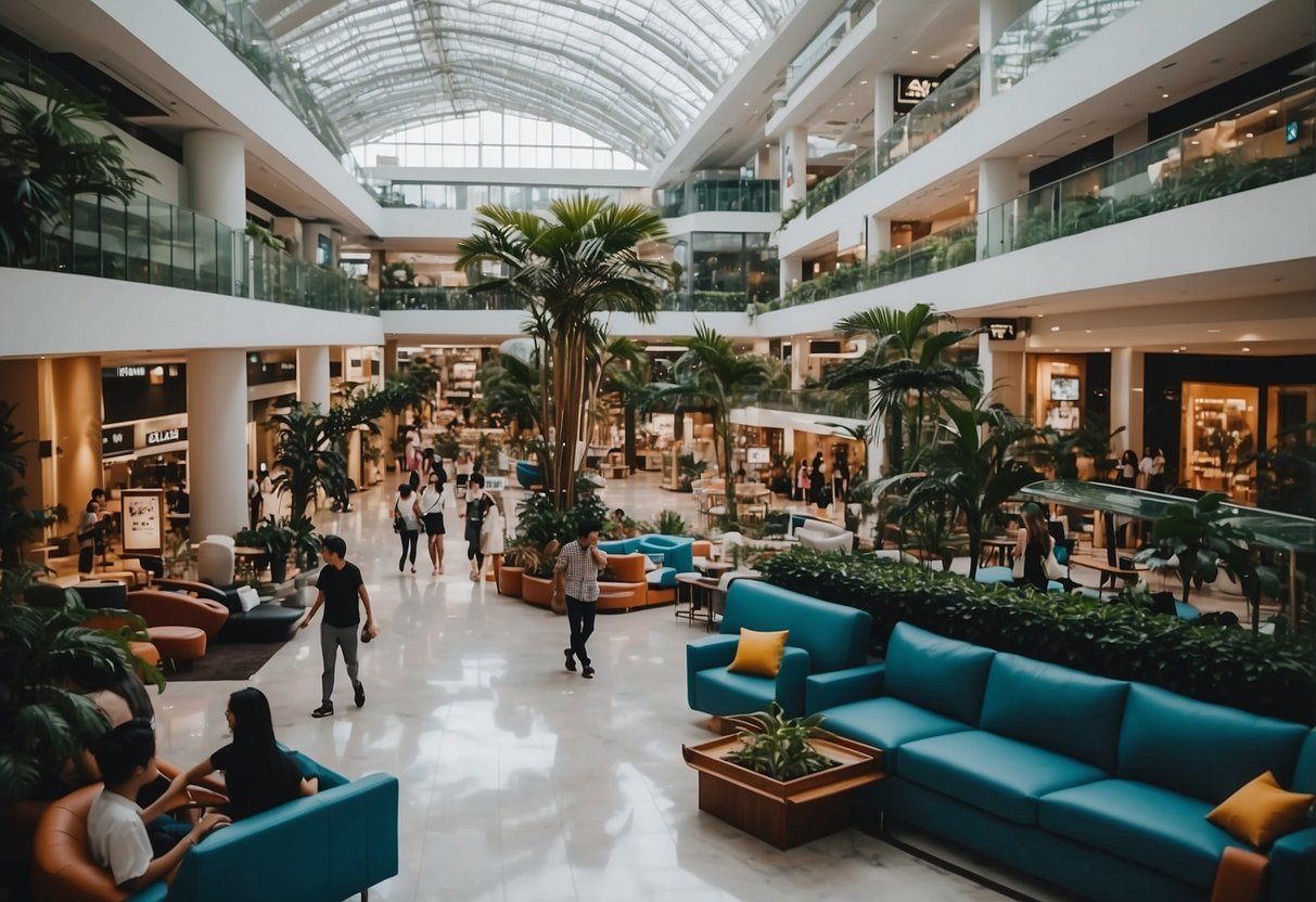 A bustling furniture mall in Singapore, with vibrant displays and eager shoppers exploring the latest trends and designs