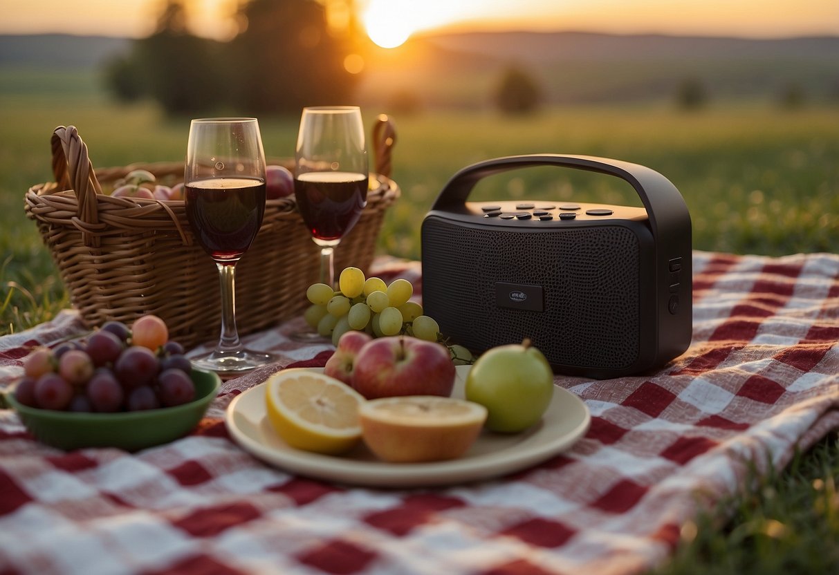 A small Bluetooth speaker sits on a checkered picnic blanket surrounded by a basket of food and wine. The sun sets in the background as a couple enjoys a romantic evening together