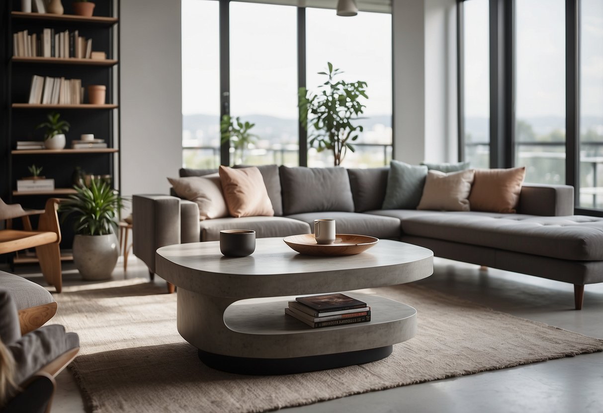 A modern living room with concrete furniture, including a sleek coffee table, a minimalist chair, and a sturdy bookshelf