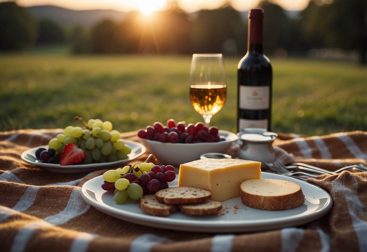 A picnic blanket spread out with a bottle of wine, two glasses, and a small spread of cheese and fruit. The setting is a beautiful park with a view of a sunset