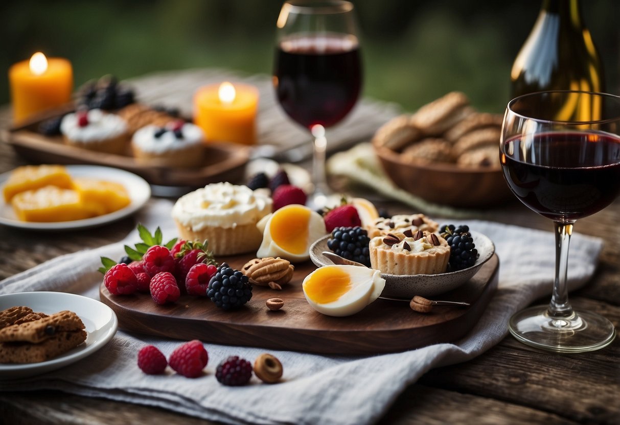 A picnic blanket spread with a variety of decadent desserts, surrounded by flickering candles and a bottle of wine on a rustic wooden table