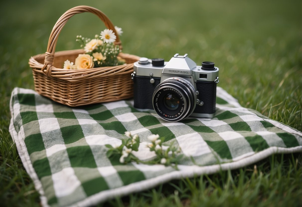 A checkered picnic blanket spread out on lush green grass, adorned with a wicker basket, a bouquet of flowers, and a vintage camera capturing the serene setting