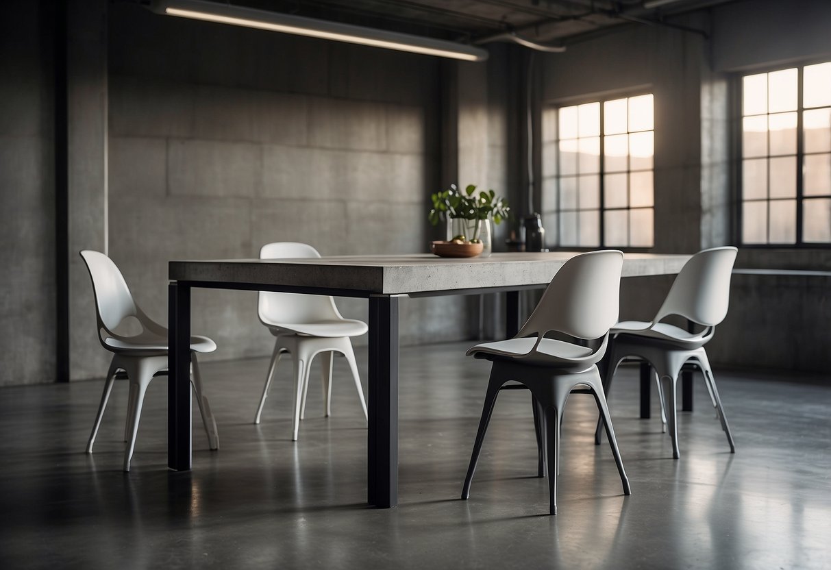 A sleek concrete dining table surrounded by modern chairs, with a minimalist concrete bench against a backdrop of industrial-style concrete walls and floors