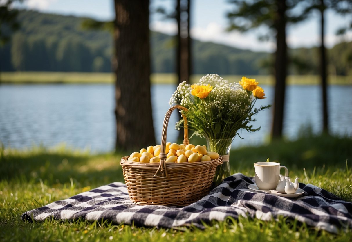 A cozy grassy clearing surrounded by tall trees, with a view of a serene lake in the distance. A checkered blanket is spread out, adorned with a wicker basket filled with delicious treats and a bouquet of fresh flowers